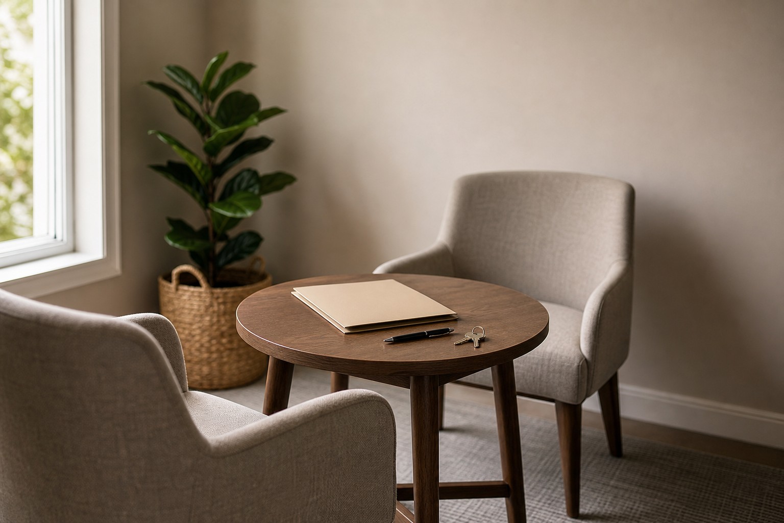 Two empty chairs at a small round table holding a closed folder and house keys, lit by a window.