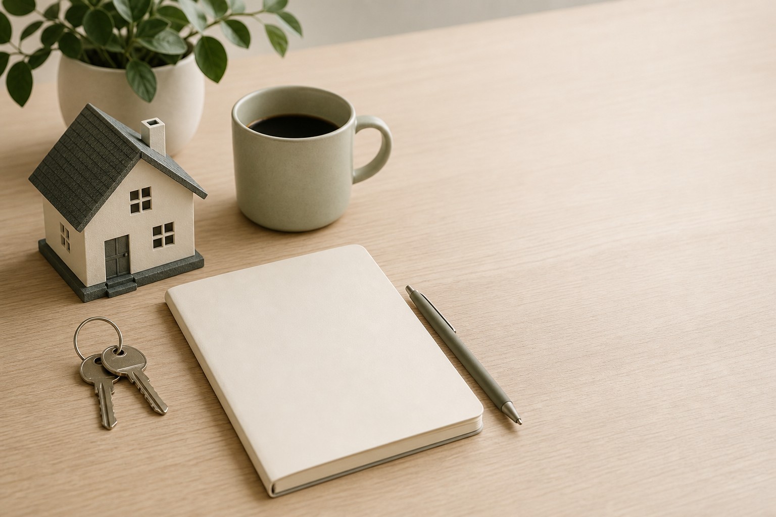 Model house, house keys, a blank notebook, a pen, and a coffee mug on a light wooden desk.