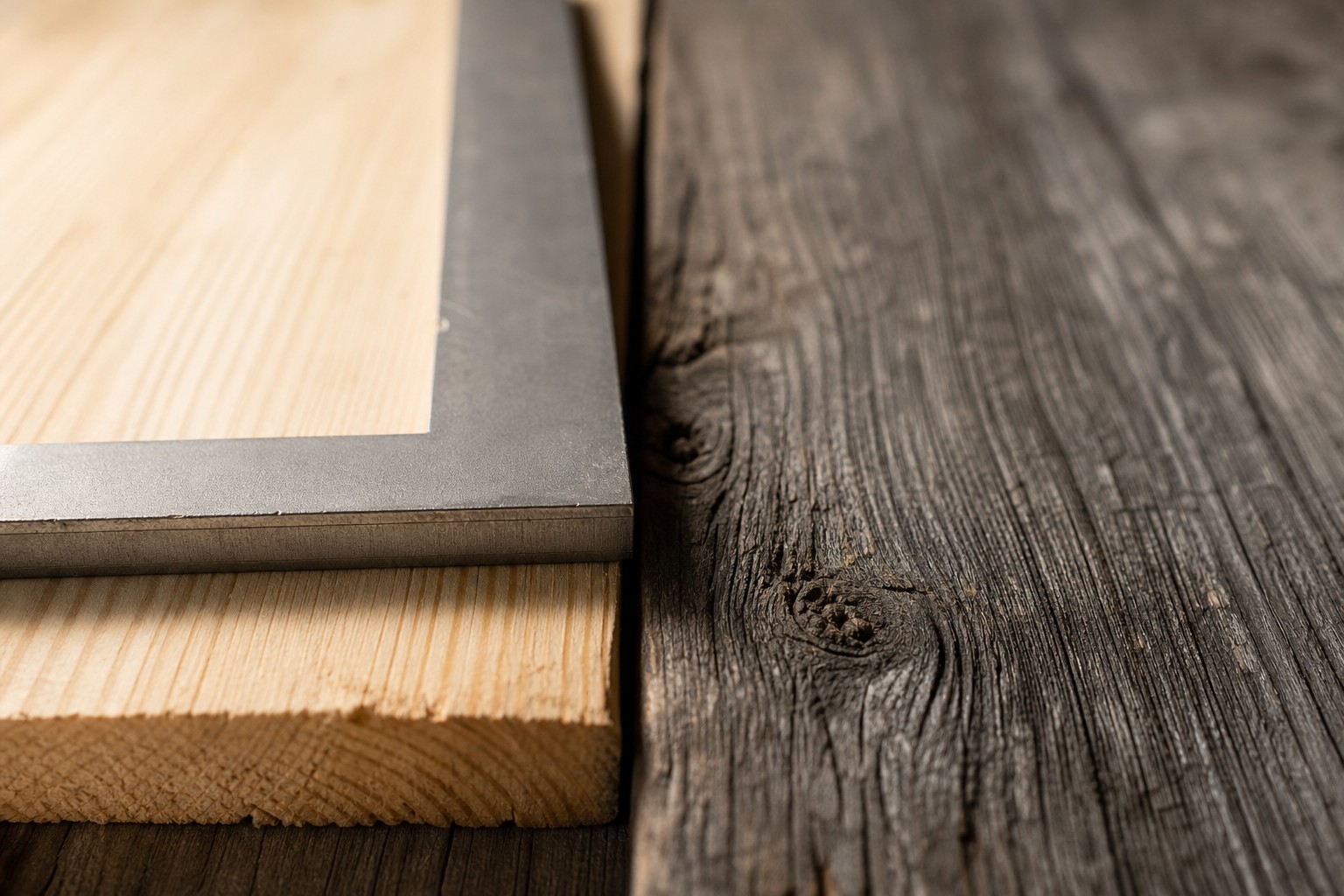 Close-up of a framing square resting on fresh sawn lumber beside a weathered plank in low side light.