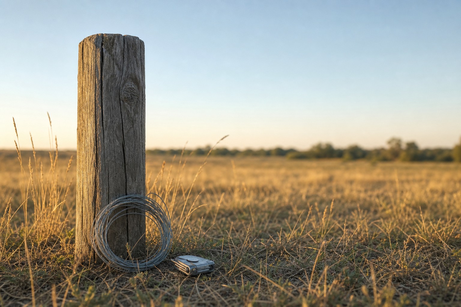 Weathered wooden fence post with a coil of wire and a folded tape measure resting on dry grass at golden hour.