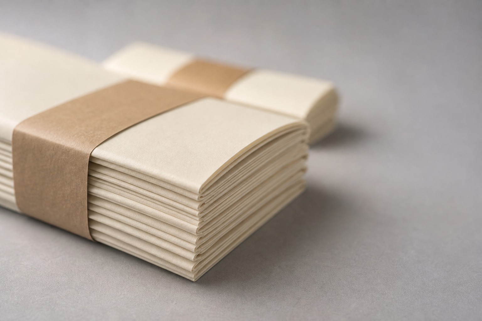Close-up of a stack of blank folded documents bound with a paper band on a pale gray surface.