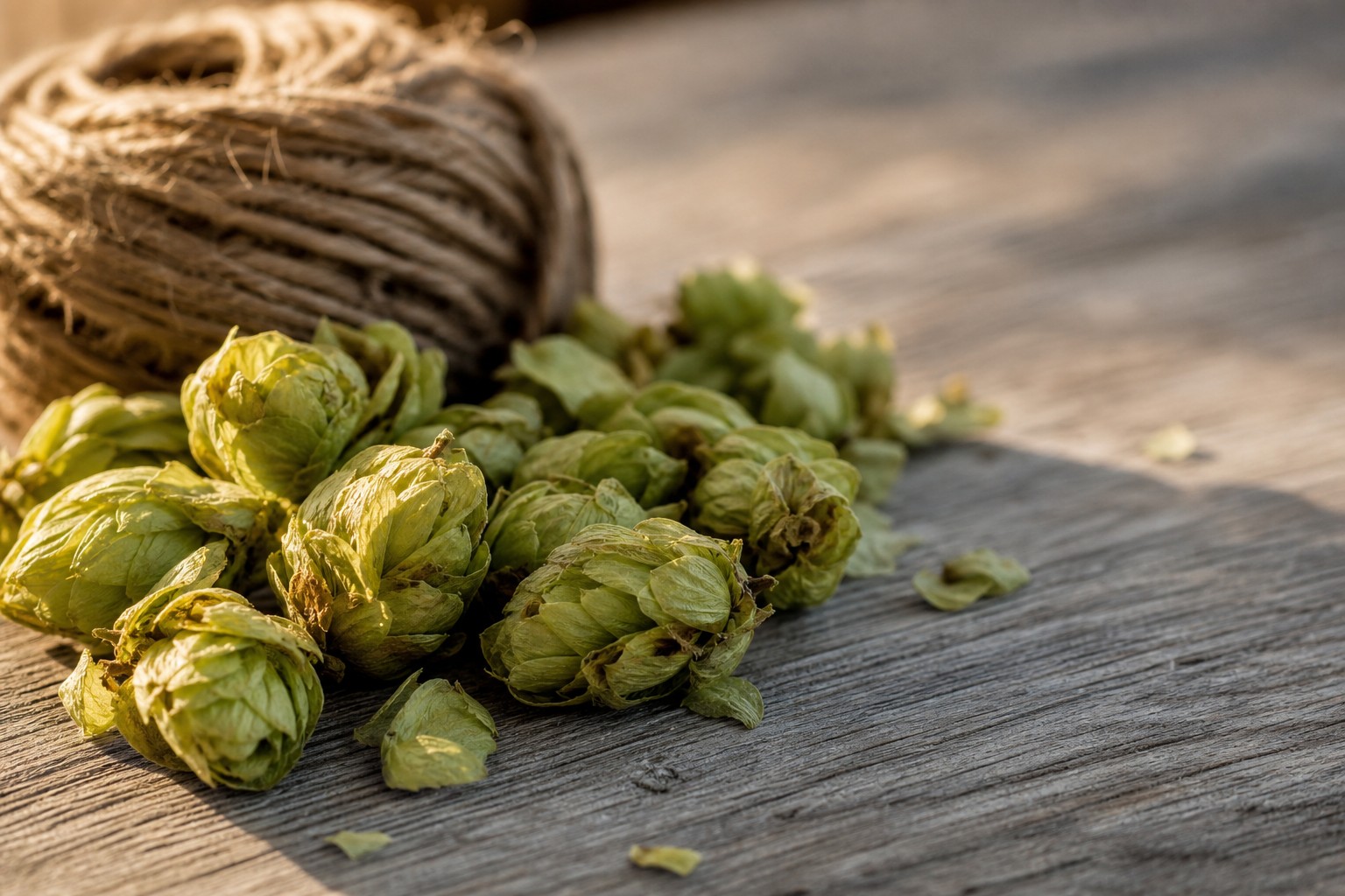 Close-up of dried hop cones and a coiled length of twine resting on weathered wood at golden hour.