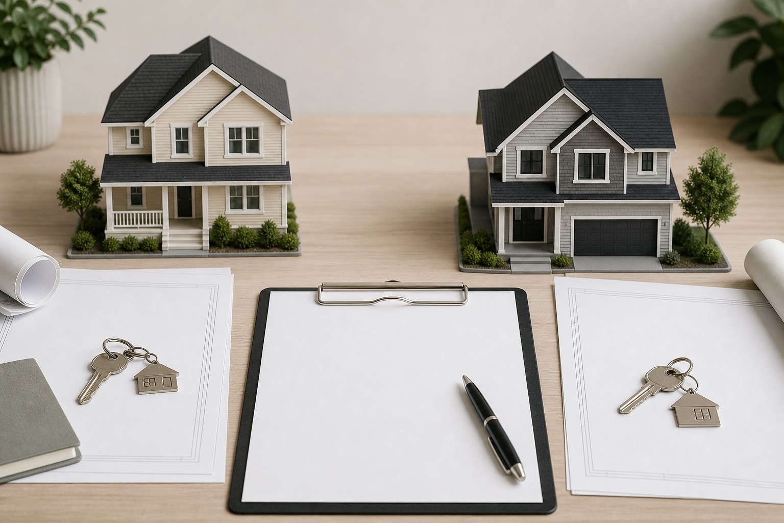 Model house, keys, calculator, and blank property documents arranged on a desk.