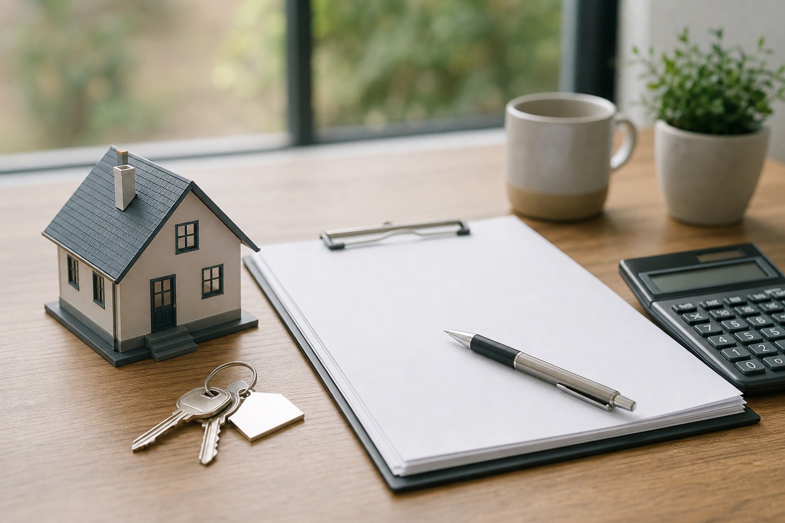 Model house, keys, calculator, and blank property documents arranged on a desk.