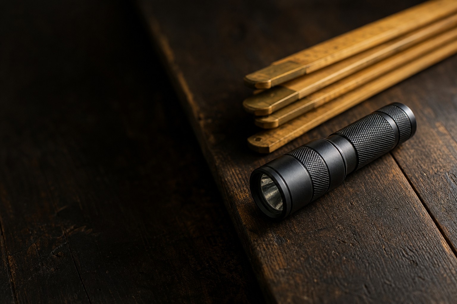Close-up of a small flashlight and a folding ruler resting on a dark workbench in raking light.