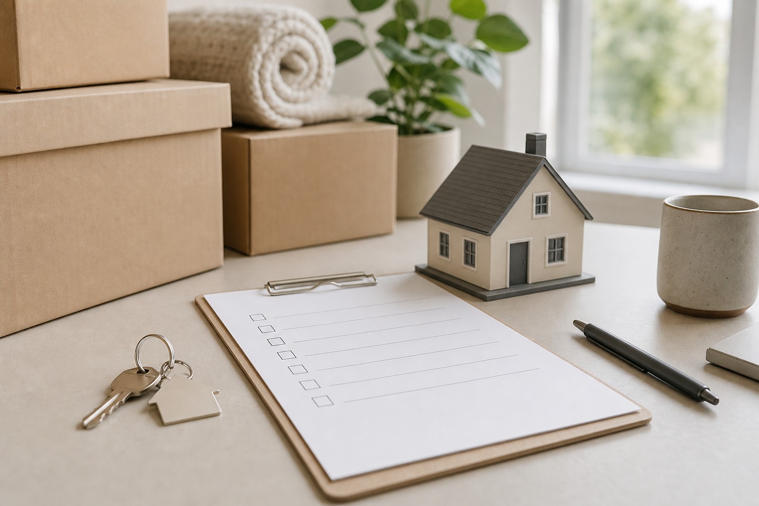 Moving boxes, house keys, a model home, and a blank planning checklist on a desk.