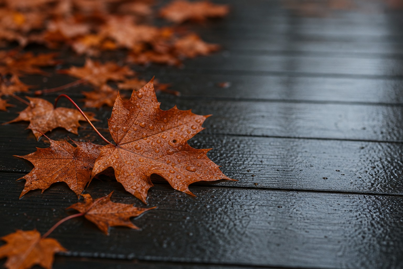 Close-up of fallen maple leaves scattered across damp dark porch boards in soft overcast light.