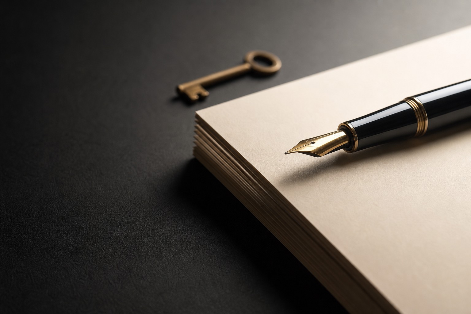Close-up of a fountain pen resting on a stack of blank cream paper beside a small brass key on a dark desk.