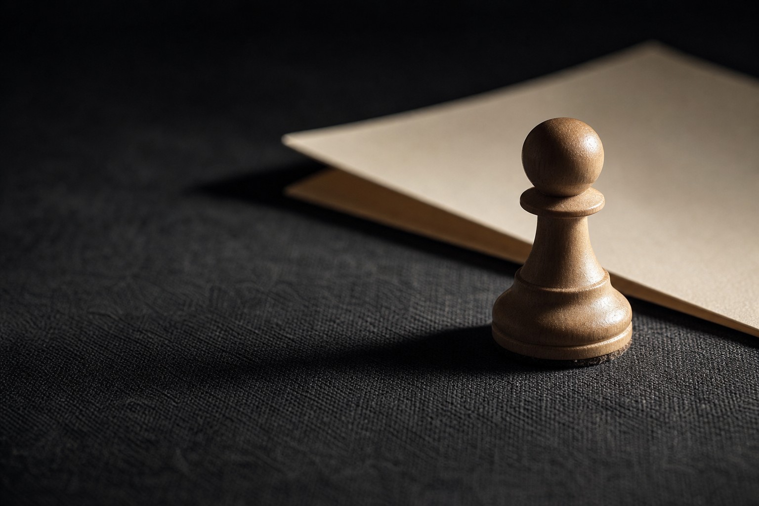 Close-up of a chess pawn standing beside a folded paper form on a dark linen surface in raking light.